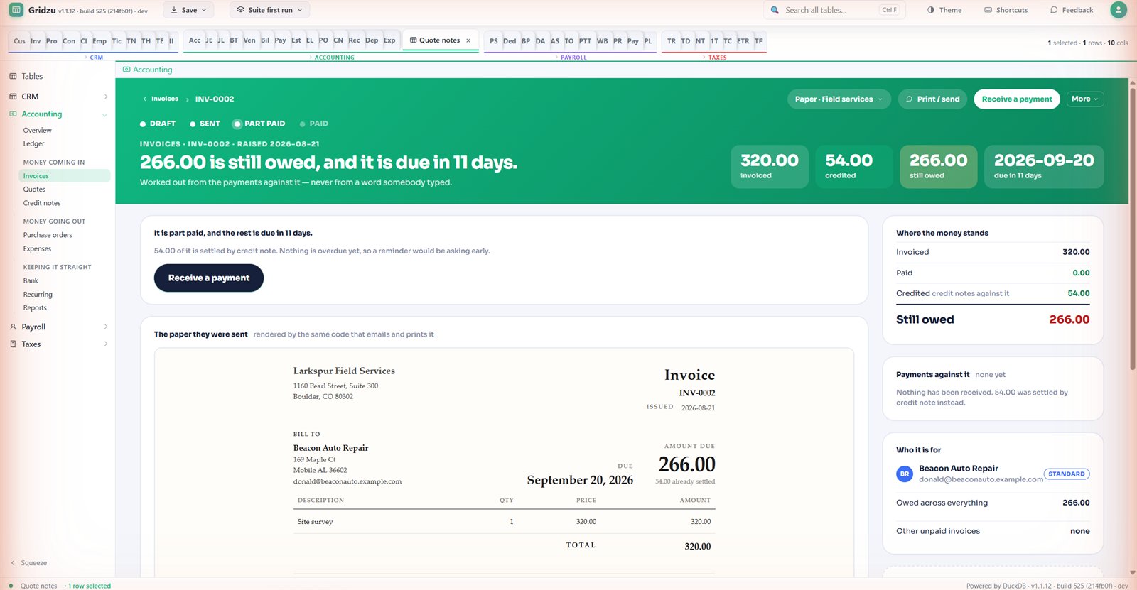 An invoice in Gridzu